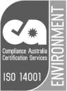 Logo for Compliance Australia Certification Services, featuring a stylized "CA" with a checkmark and starburst. Includes text "ISO 14001" and "ENVIRONMENT" on a gray background.