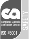 Logo of Compliance Australia Certification Services showing the text "SAFETY" and "ISO 45001." The design includes a stylized checkmark and a starburst. The color scheme is grayscale.