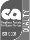 Logo of Compliance Australia Certification Services displaying a tick and star symbol. The words "Quality" and "ISO 9001" are featured, indicating certification standards. The design is in grayscale.