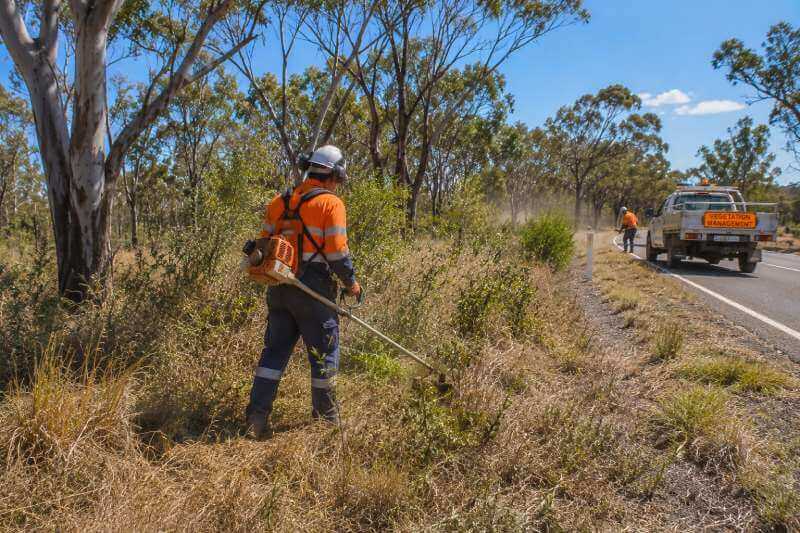 Workers cutting grass and clearing land for vegetation management